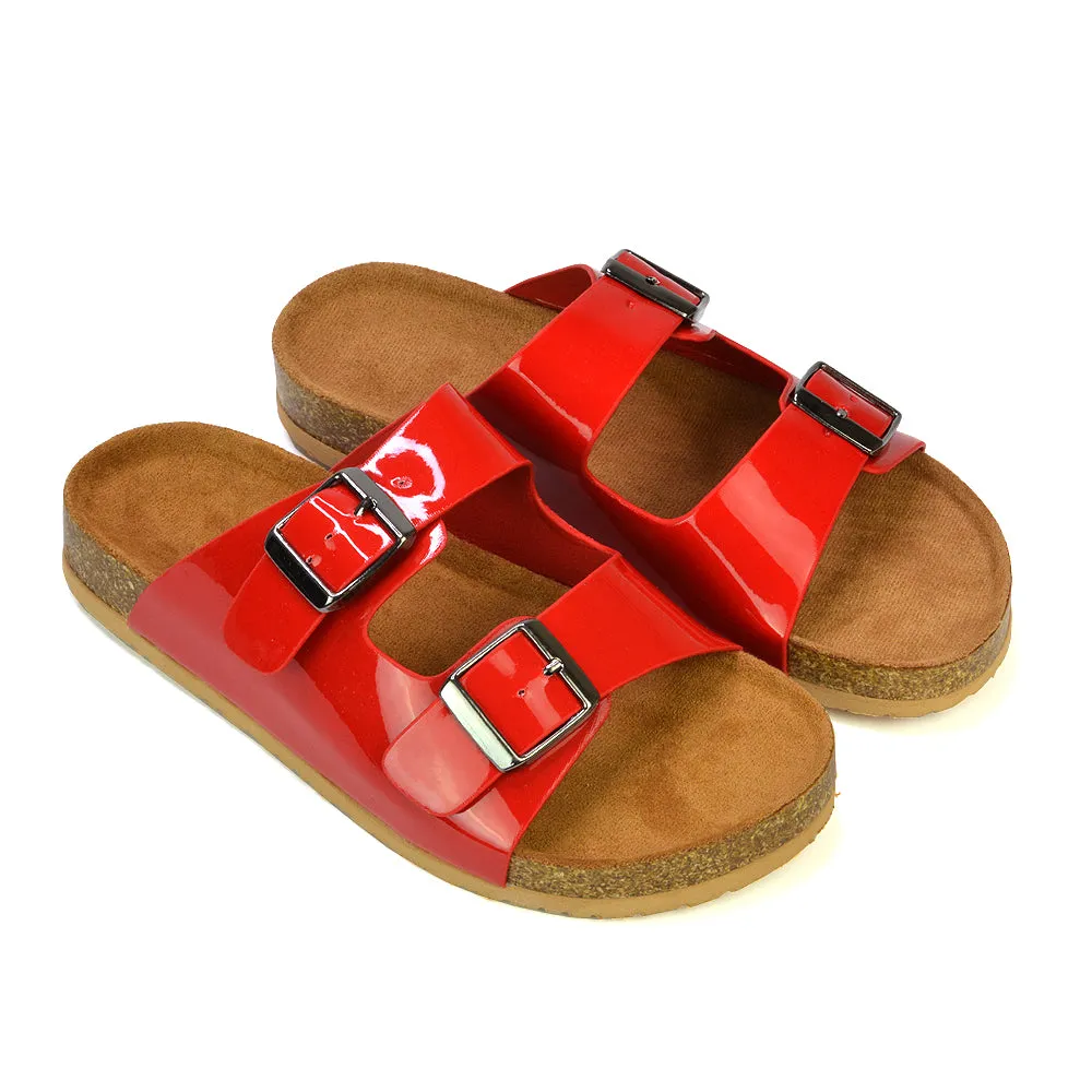 Star Double Buckle Strap Flat Slider Casual Footbed Summer Mule Holiday Sandals in Black Patent