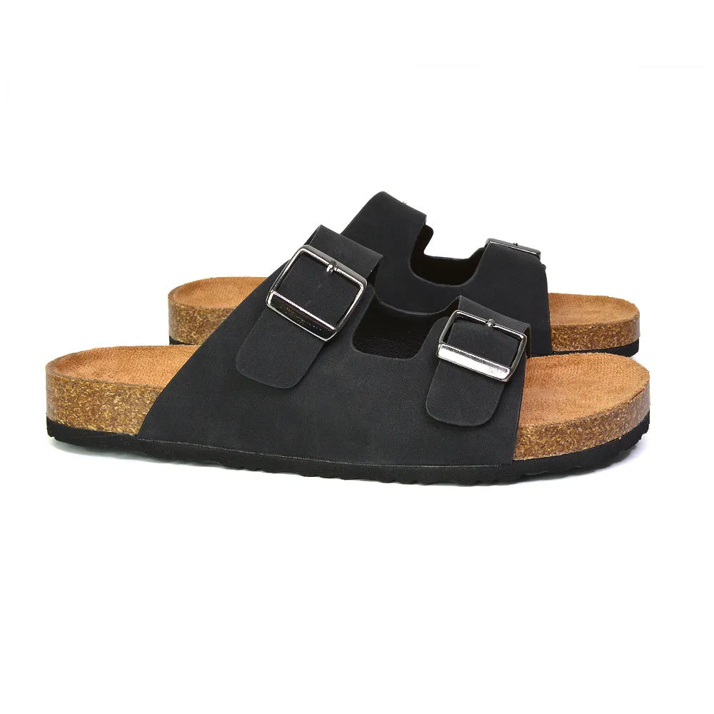Star Double Buckle Strap Flat Slider Casual Footbed Summer Mule Holiday Sandals in Black Patent