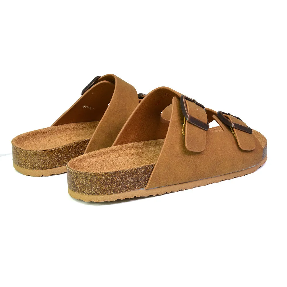 Star Double Buckle Strap Flat Slider Casual Footbed Summer Mule Holiday Sandals in Black Patent