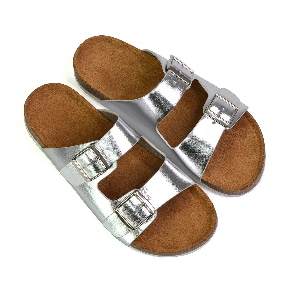 Star Double Buckle Strap Flat Slider Casual Footbed Summer Mule Holiday Sandals in Black Patent