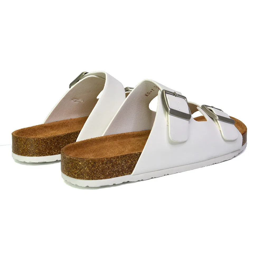 Star Double Buckle Strap Flat Slider Casual Footbed Summer Mule Holiday Sandals in Black Patent