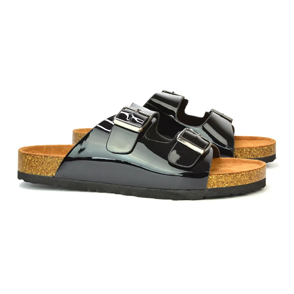 Star Double Buckle Strap Flat Slider Casual Footbed Summer Mule Holiday Sandals in Black Patent