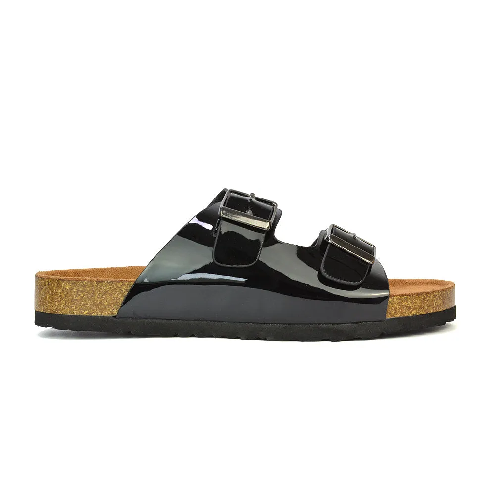 Star Double Buckle Strap Flat Slider Casual Footbed Summer Mule Holiday Sandals in Black Patent