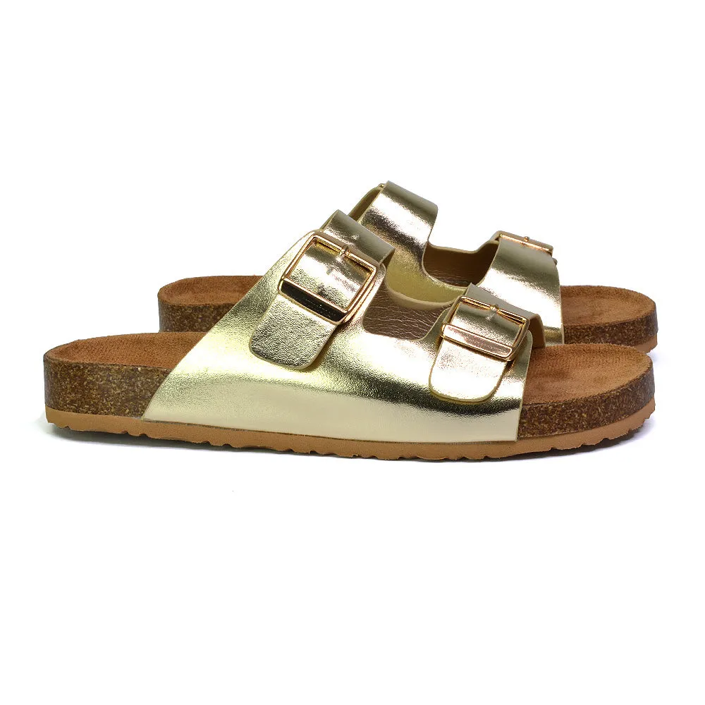 Star Double Buckle Strap Flat Slider Casual Footbed Summer Mule Holiday Sandals in Black Patent