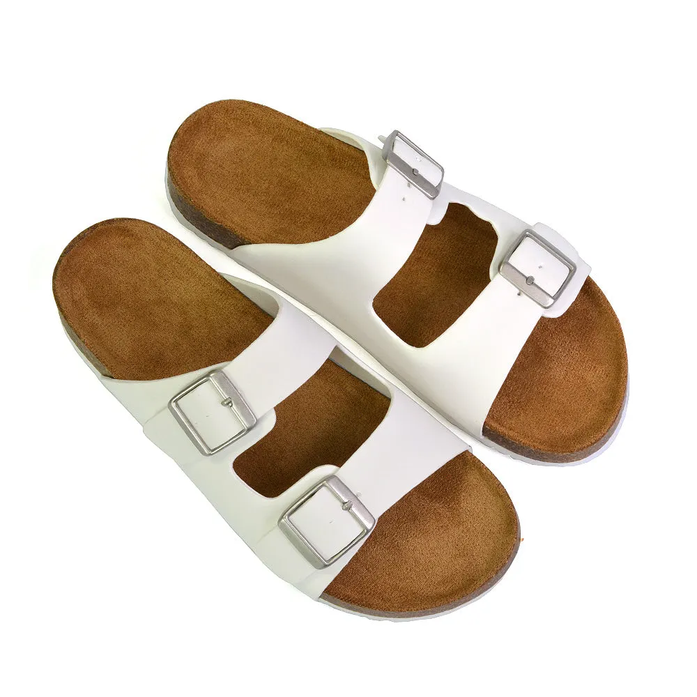 Star Double Buckle Strap Flat Slider Casual Footbed Summer Mule Holiday Sandals in Black Patent