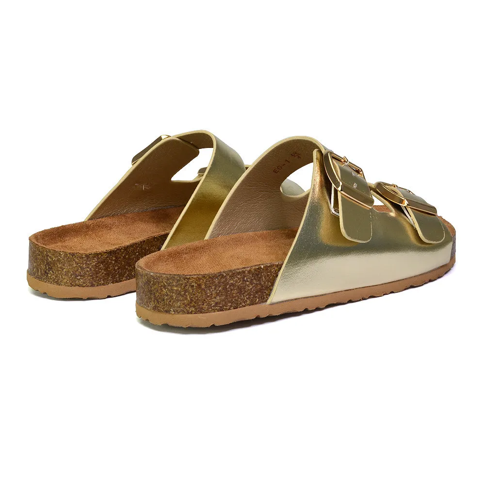 Star Double Buckle Strap Flat Slider Casual Footbed Summer Mule Holiday Sandals in Black Patent