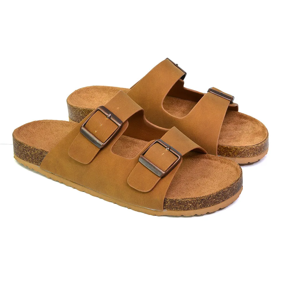 Star Double Buckle Strap Flat Slider Casual Footbed Summer Mule Holiday Sandals in Black Patent