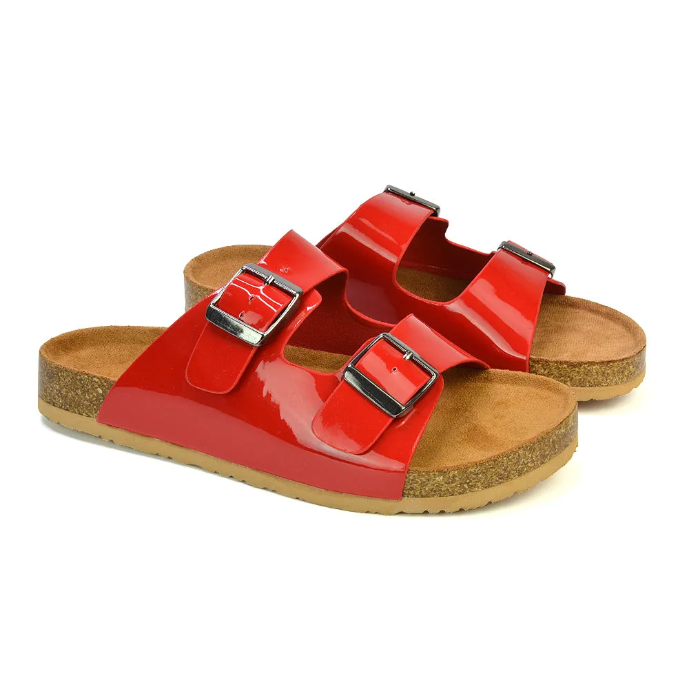 Star Double Buckle Strap Flat Slider Casual Footbed Summer Mule Holiday Sandals in Black Patent