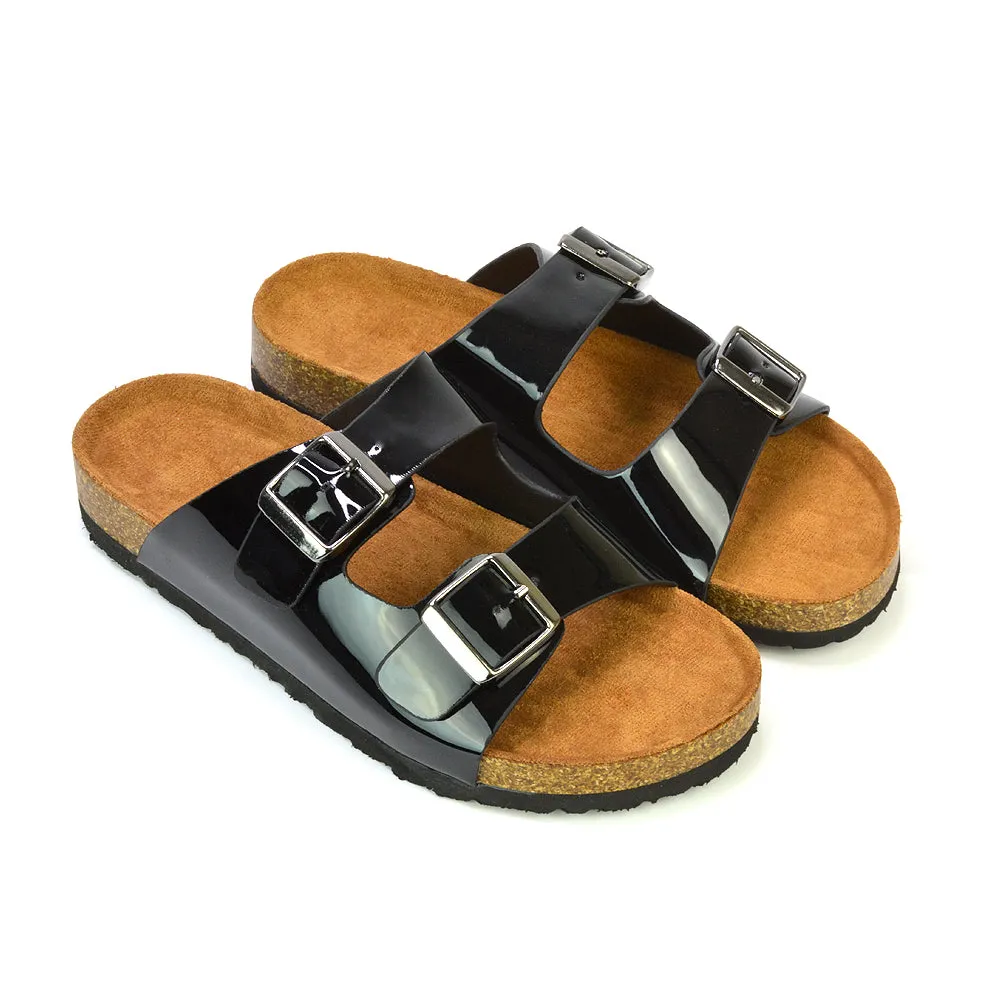 Star Double Buckle Strap Flat Slider Casual Footbed Summer Mule Holiday Sandals in Black Patent