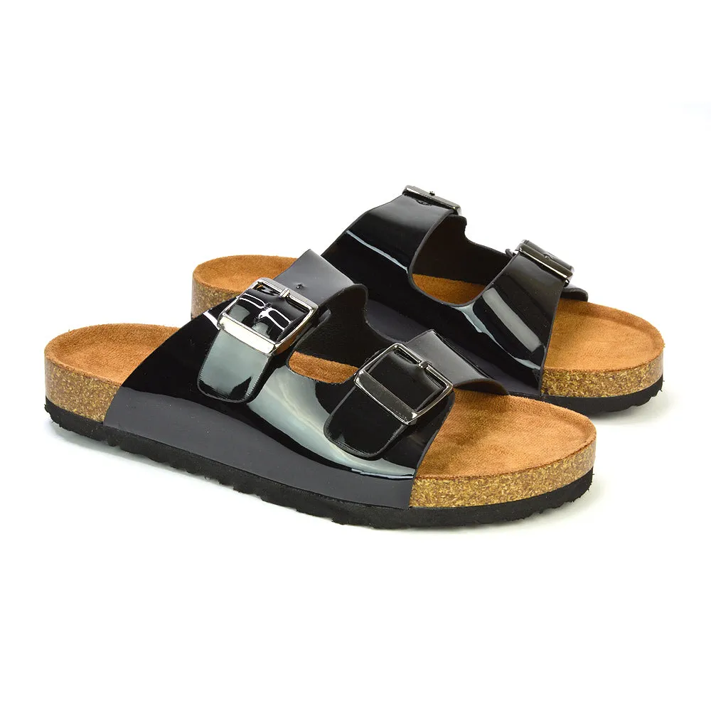 Star Double Buckle Strap Flat Slider Casual Footbed Summer Mule Holiday Sandals in Black Patent
