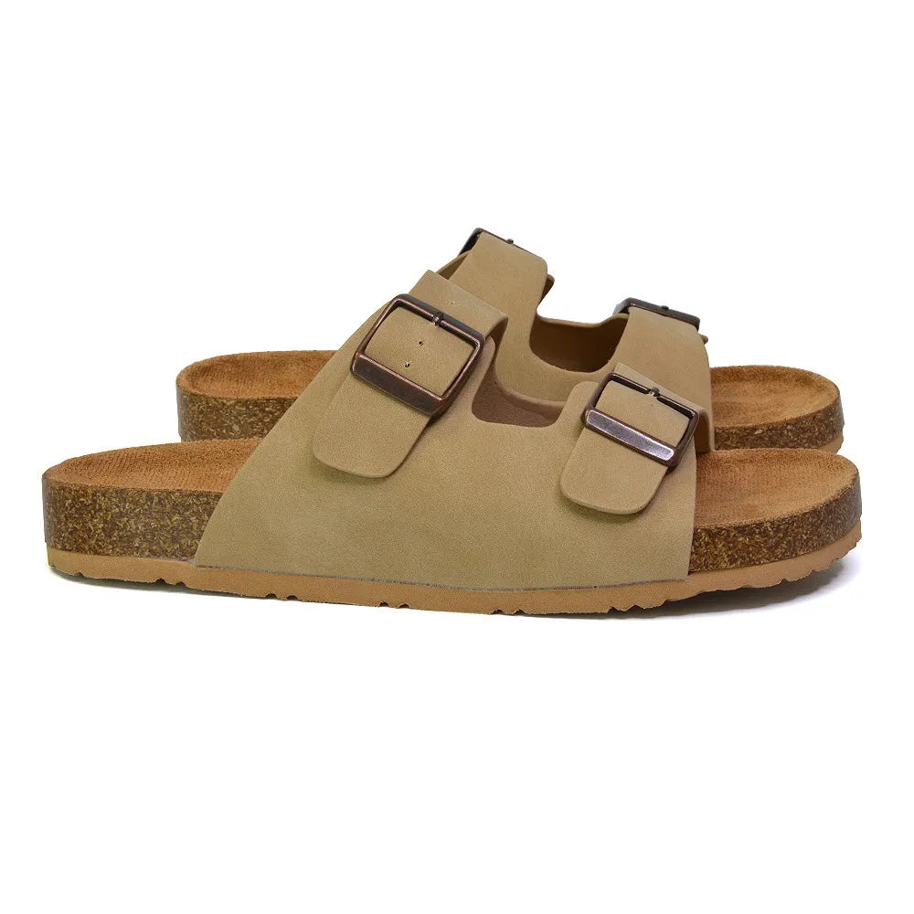 Star Double Buckle Strap Flat Slider Casual Footbed Summer Mule Holiday Sandals in Black Patent