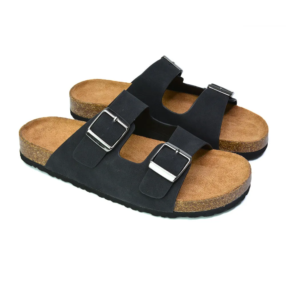 Star Double Buckle Strap Flat Slider Casual Footbed Summer Mule Holiday Sandals in Black Patent