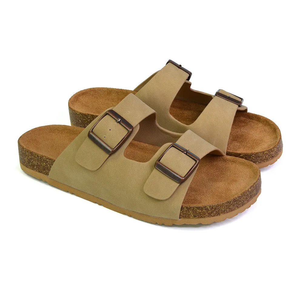 Star Double Buckle Strap Flat Slider Casual Footbed Summer Mule Holiday Sandals in Black Patent