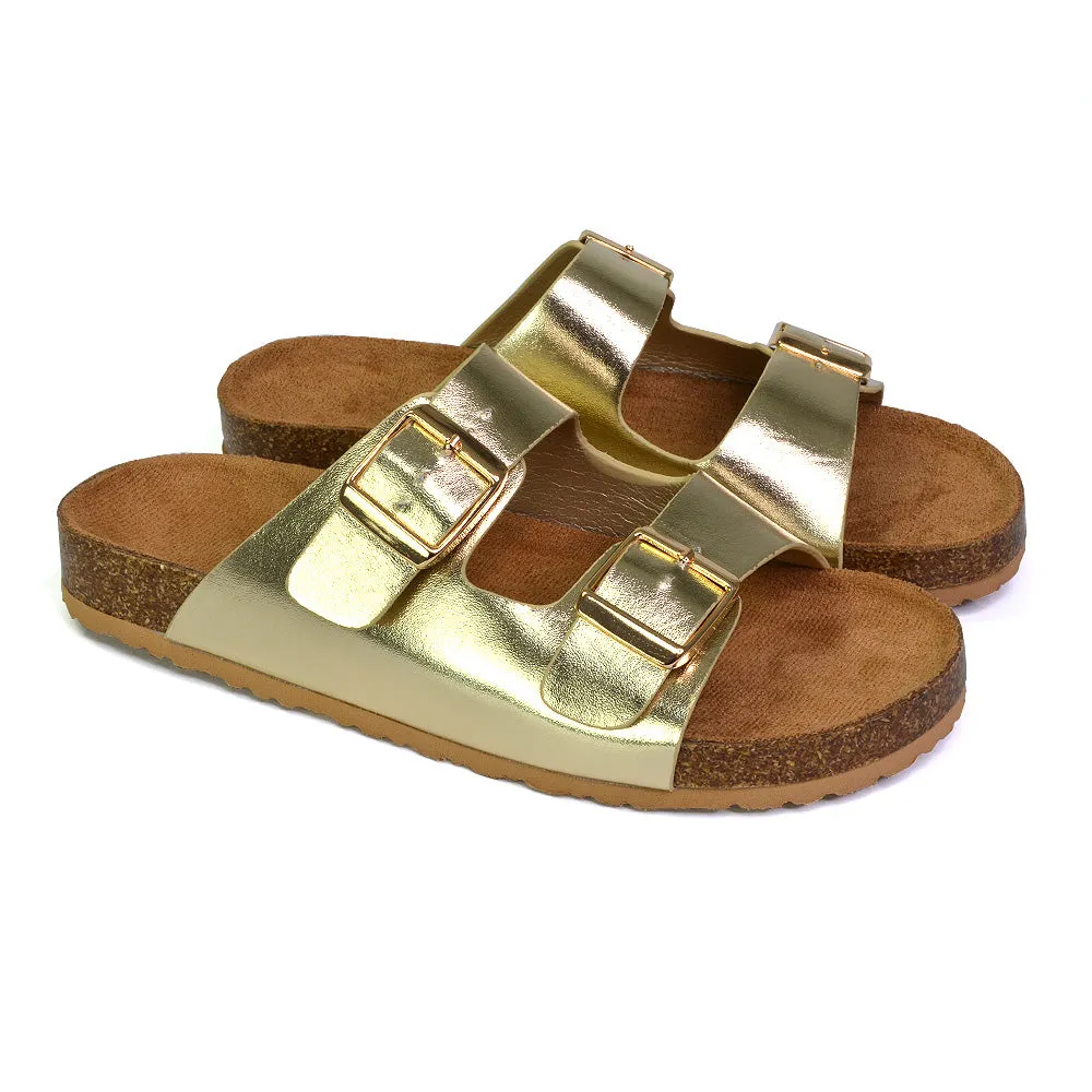 Star Double Buckle Strap Flat Slider Casual Footbed Summer Mule Holiday Sandals in Black Patent