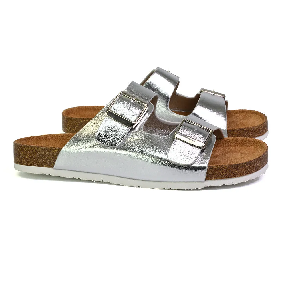 Star Double Buckle Strap Flat Slider Casual Footbed Summer Mule Holiday Sandals in Black Patent