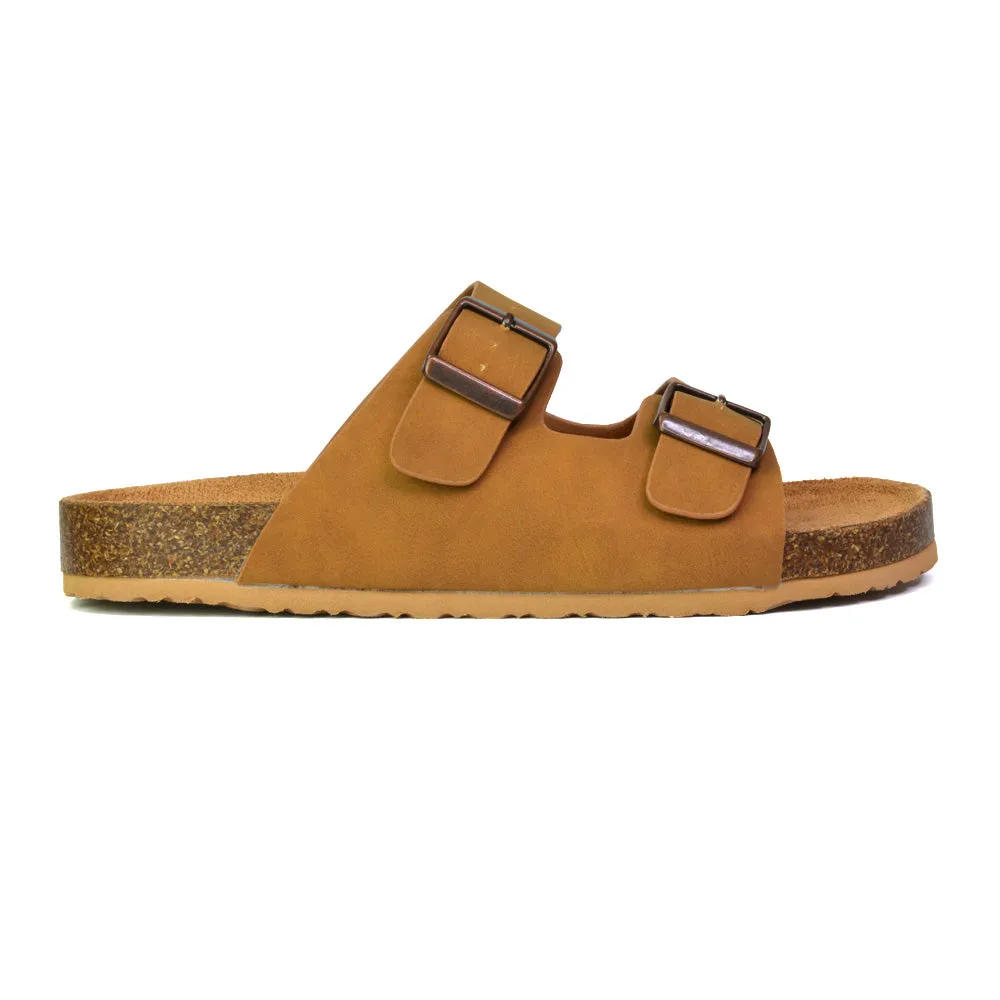 Star Double Buckle Strap Flat Slider Casual Footbed Summer Mule Holiday Sandals in Black Patent