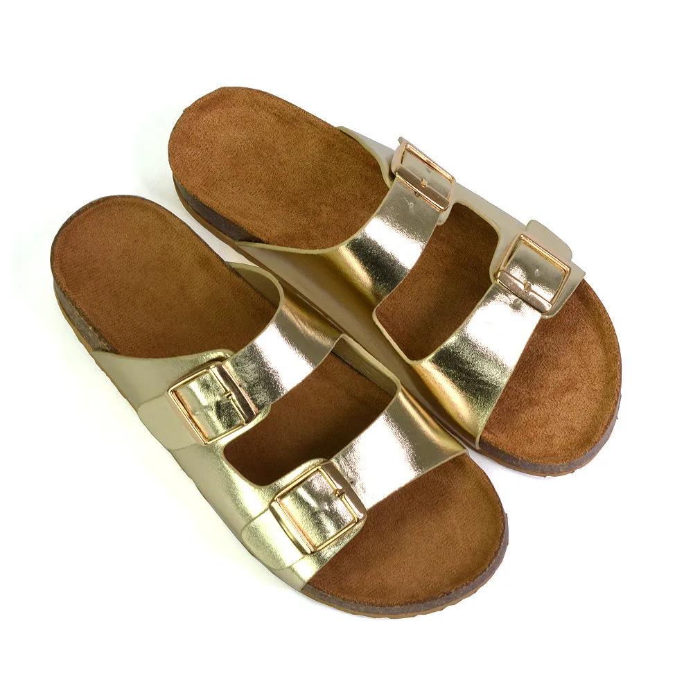 Star Double Buckle Strap Flat Slider Casual Footbed Summer Mule Holiday Sandals in Black Patent