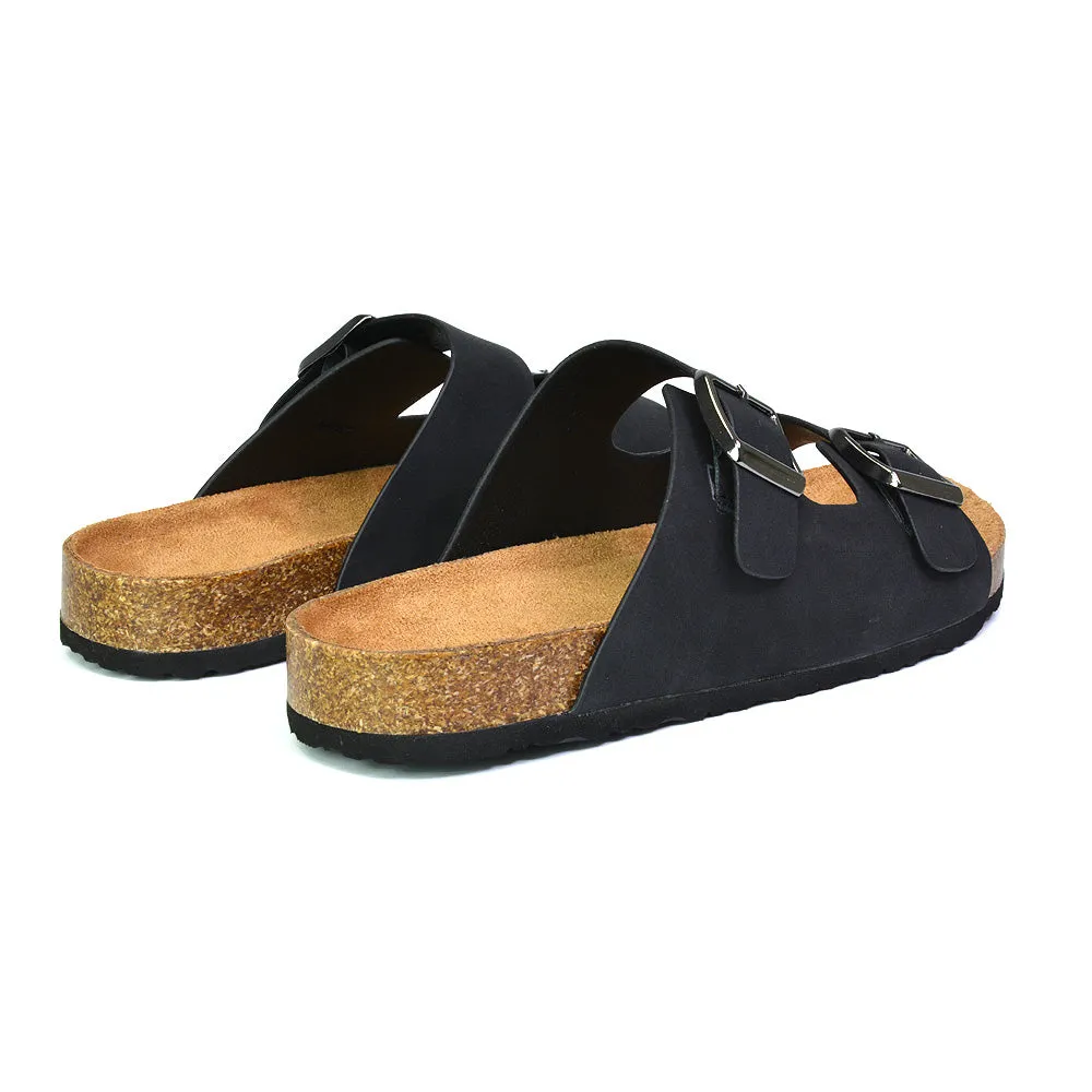 Star Double Buckle Strap Flat Slider Casual Footbed Summer Mule Holiday Sandals in Black Patent