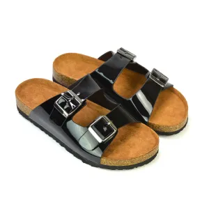 Star Double Buckle Strap Flat Slider Casual Footbed Summer Mule Holiday Sandals in Black Patent