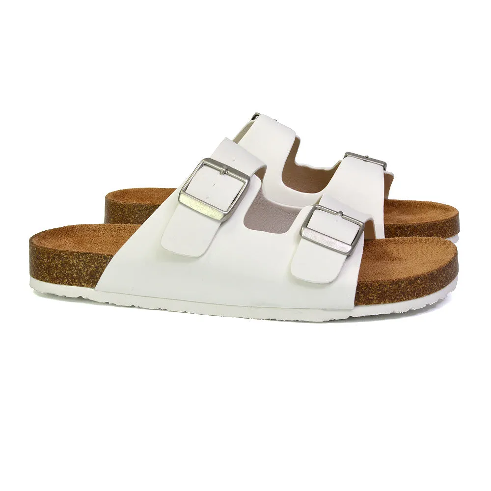 Star Double Buckle Strap Flat Slider Casual Footbed Summer Mule Holiday Sandals in Black Patent