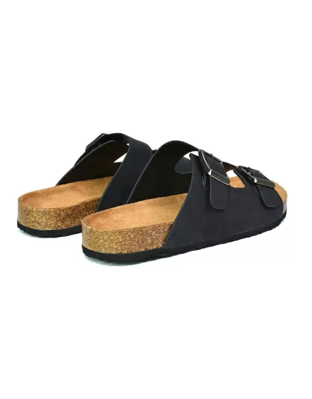Star Double Buckle Strap Flat Slider Casual Footbed Summer Mule Holiday Sandals in Black