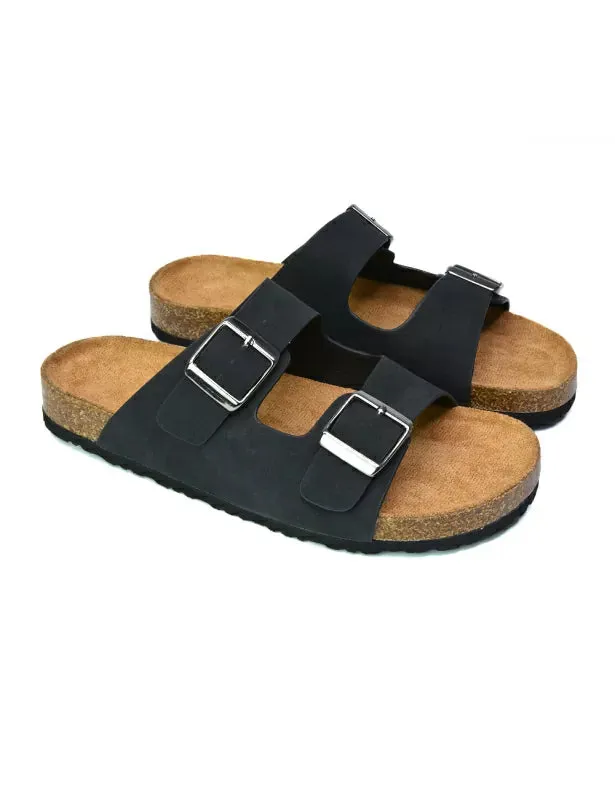 Star Double Buckle Strap Flat Slider Casual Footbed Summer Mule Holiday Sandals in Black