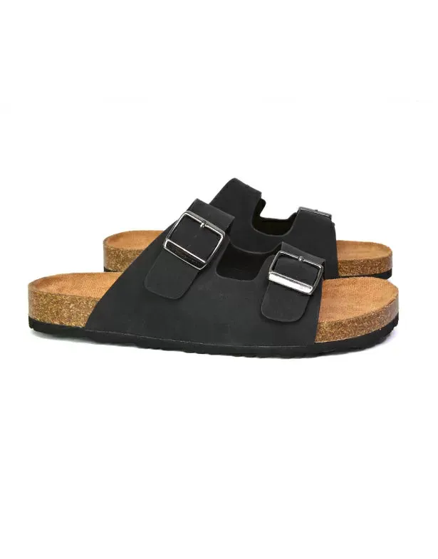 Star Double Buckle Strap Flat Slider Casual Footbed Summer Mule Holiday Sandals in Black