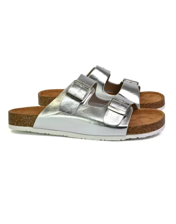 Star Double Buckle Strap Flat Slider Casual Footbed Summer Mule Holiday Sandals in Silver