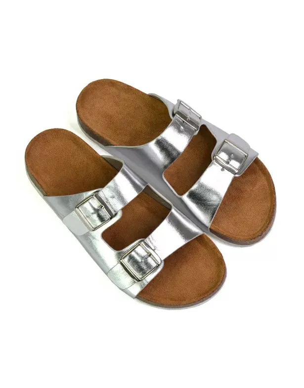 Star Double Buckle Strap Flat Slider Casual Footbed Summer Mule Holiday Sandals in Silver