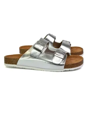 Star Double Buckle Strap Flat Slider Casual Footbed Summer Mule Holiday Sandals in Silver