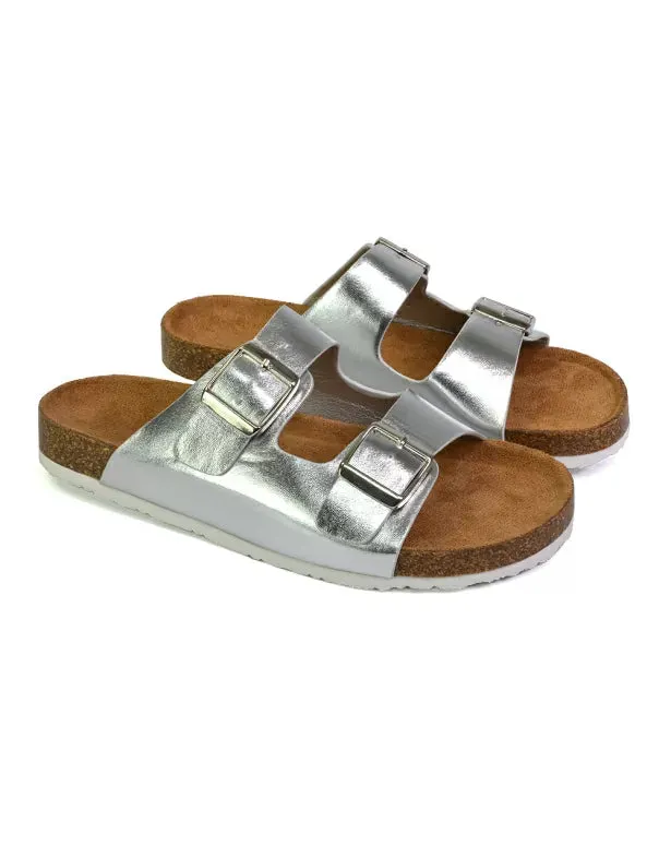 Star Double Buckle Strap Flat Slider Casual Footbed Summer Mule Holiday Sandals in Silver
