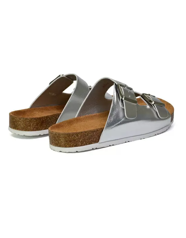 Star Double Buckle Strap Flat Slider Casual Footbed Summer Mule Holiday Sandals in Silver