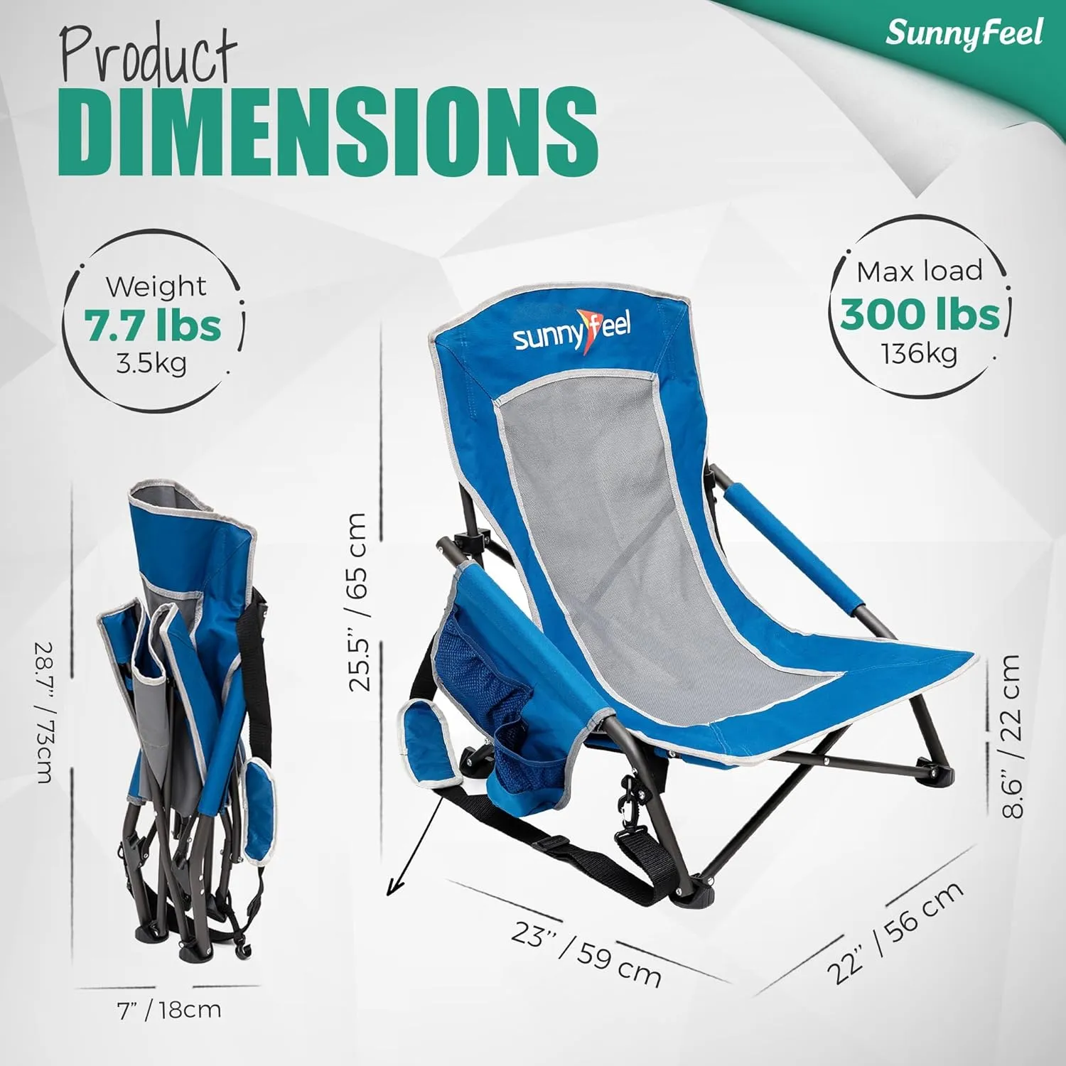 SUNNYFEEL Low Folding Beach Chair for Adults, Portable Lightweight Sling Beach Camping Chairs with Cup Holder, Armrest,Foldable Camp Lawn Chair for Outdoor Sand Concert Travel Sport Events,300LBS