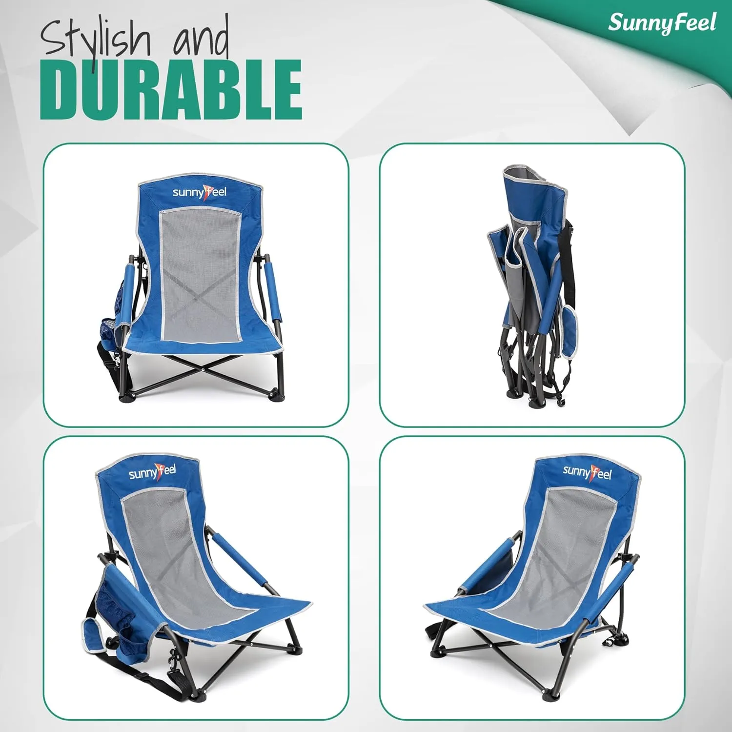 SUNNYFEEL Low Folding Beach Chair for Adults, Portable Lightweight Sling Beach Camping Chairs with Cup Holder, Armrest,Foldable Camp Lawn Chair for Outdoor Sand Concert Travel Sport Events,300LBS