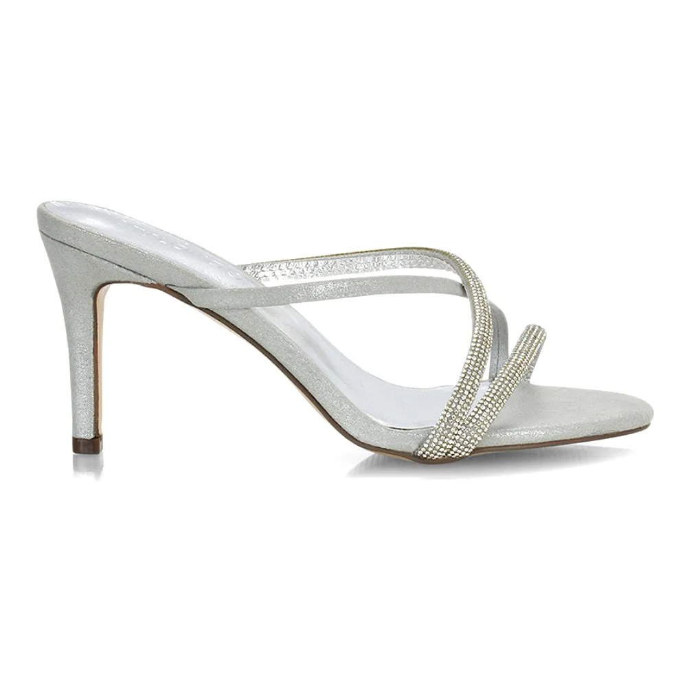 Teddie Diamante Cross Over Strappy Sandal Stiletto High Mule Heels in Black