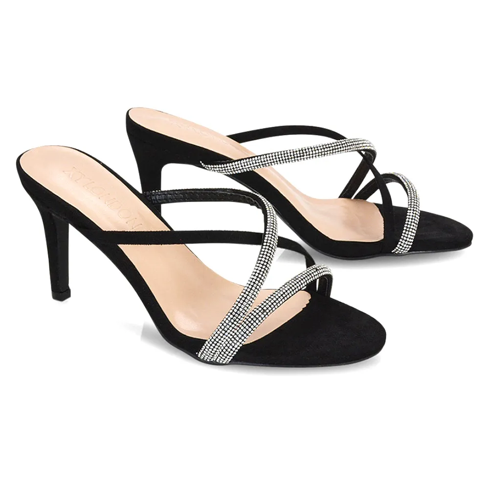Teddie Diamante Cross Over Strappy Sandal Stiletto High Mule Heels in Black