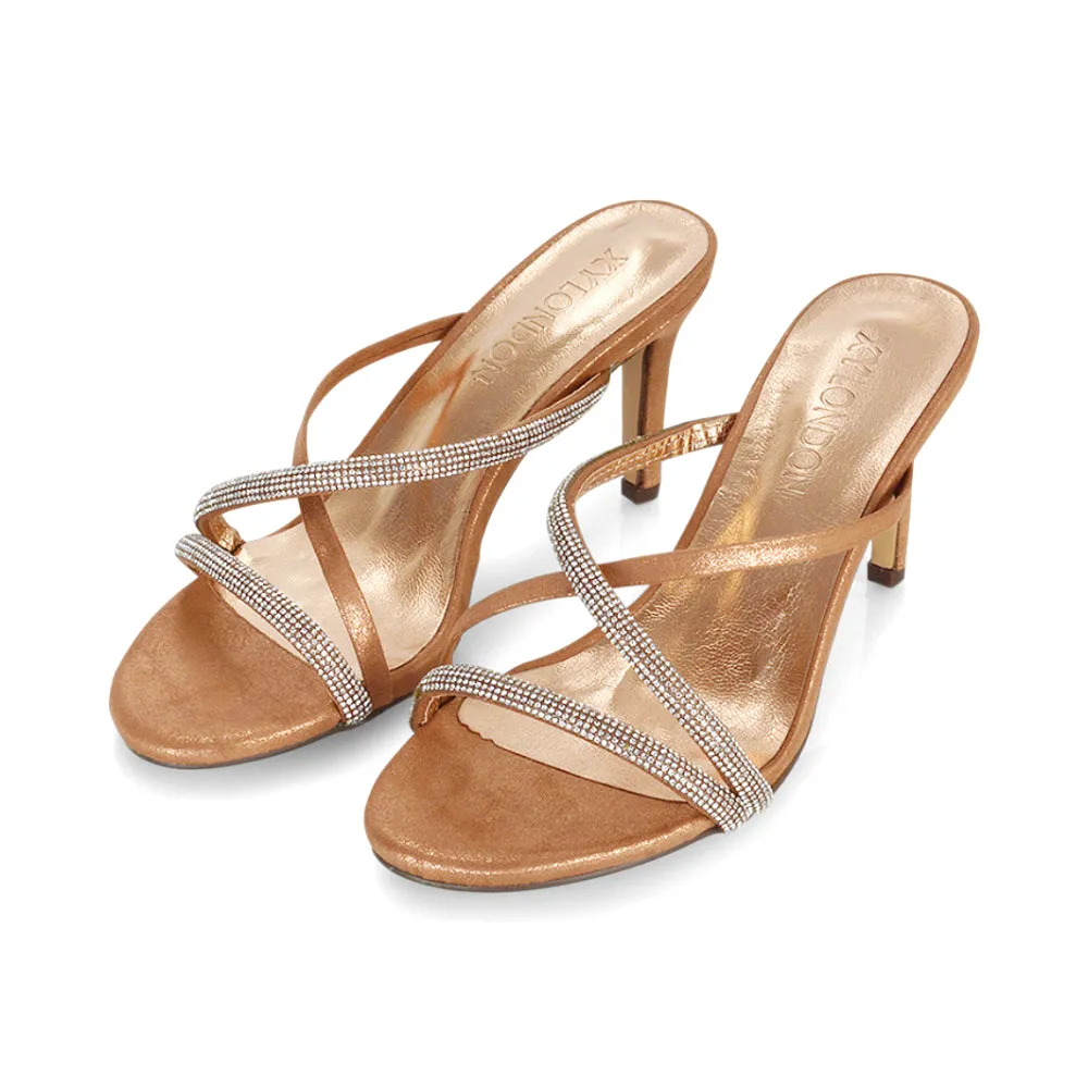 Teddie Diamante Cross Over Strappy Sandal Stiletto High Mule Heels in Black