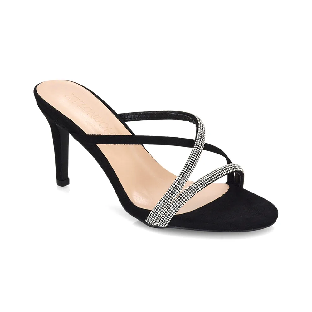 Teddie Diamante Cross Over Strappy Sandal Stiletto High Mule Heels in Black