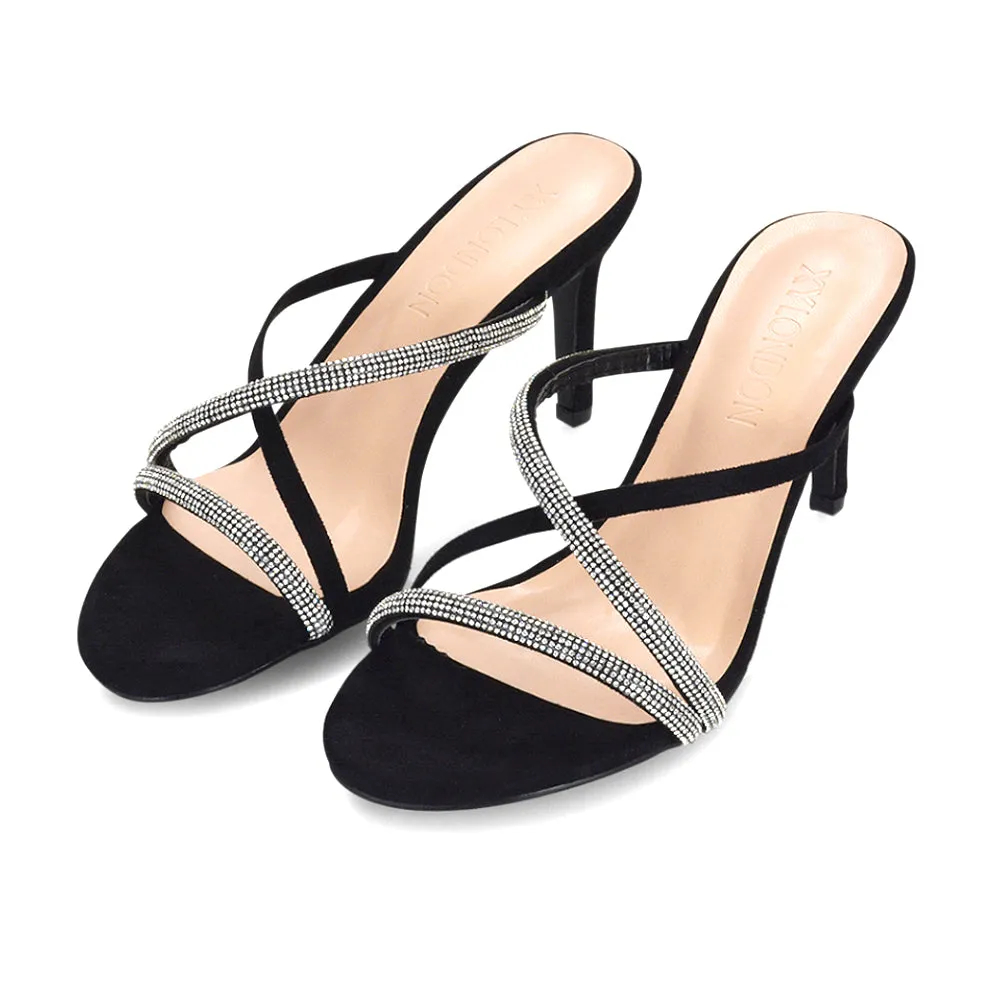 Teddie Diamante Cross Over Strappy Sandal Stiletto High Mule Heels in Black
