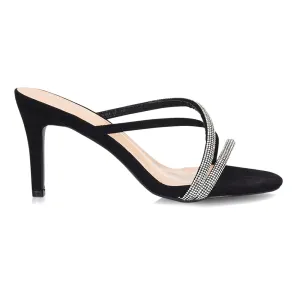 Teddie Diamante Cross Over Strappy Sandal Stiletto High Mule Heels in Black