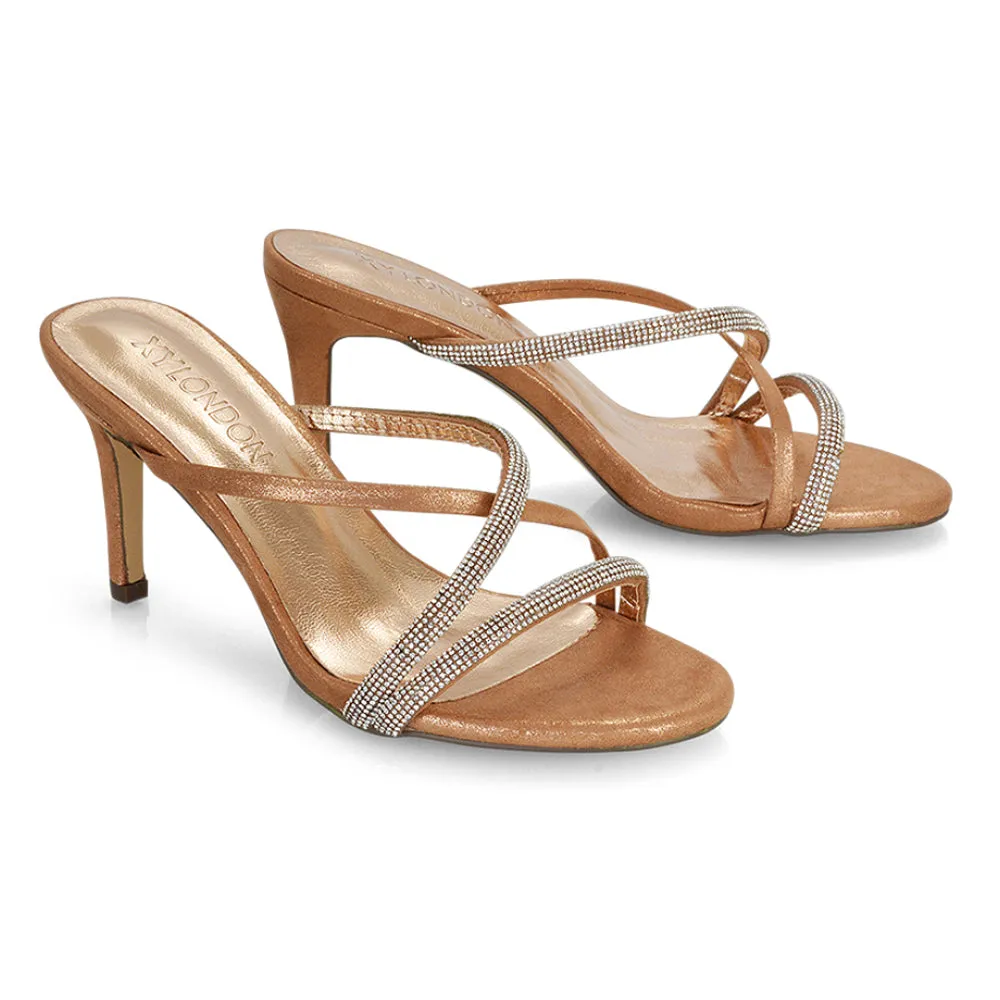 Teddie Diamante Cross Over Strappy Sandal Stiletto High Mule Heels in Black