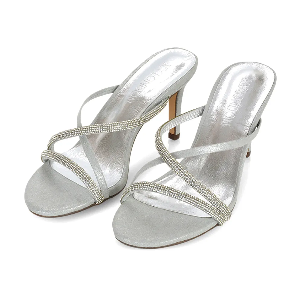 Teddie Diamante Cross Over Strappy Sandal Stiletto High Mule Heels in Black
