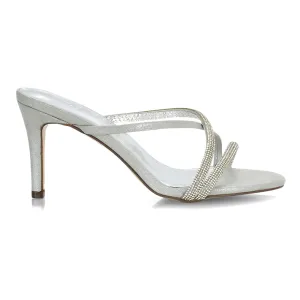 Teddie Diamante Cross Over Strappy Sandal Stiletto High Mule Heels in Silver