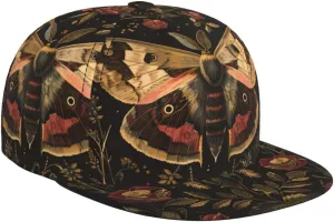 Vintage Moth Floral Art Snapback Hats for Men Women, Flat Bill Brim Hat Adjustable Baseball Cap Black