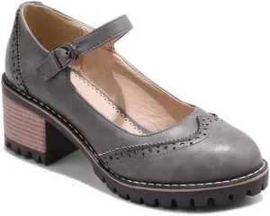 VOKLIN Women's Retro Mary Jane Pump Oxford Brogue Round Toe Platform Chunky Block Heel Vintage Dress Shoes
