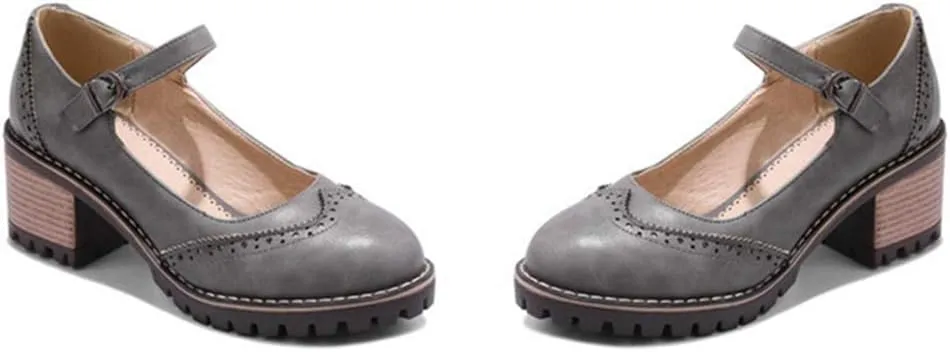 VOKLIN Women's Retro Mary Jane Pump Oxford Brogue Round Toe Platform Chunky Block Heel Vintage Dress Shoes