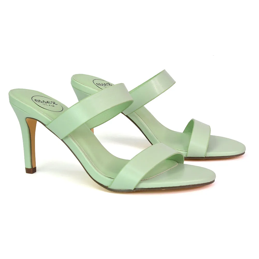 Wolf Round Toe Double Strap Stiletto High Heel Mule Sandals in Black