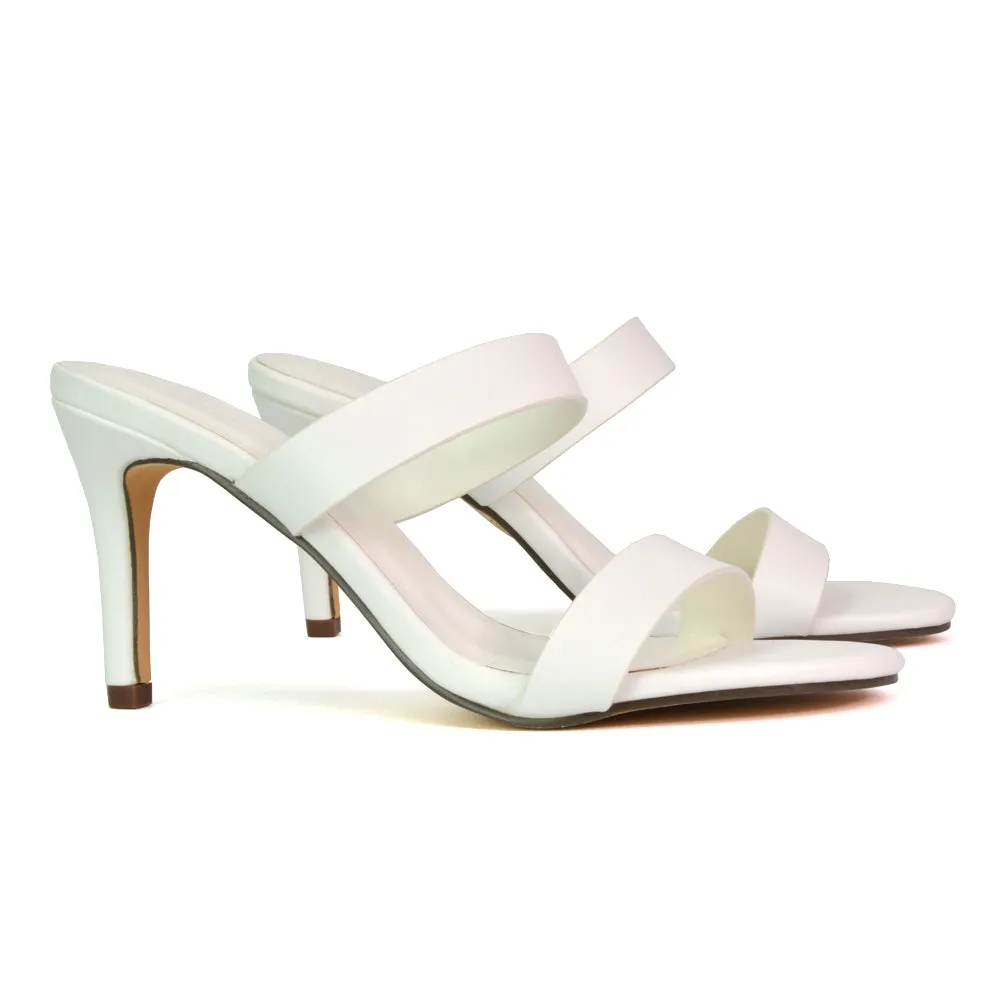 Wolf Round Toe Double Strap Stiletto High Heel Mule Sandals in Black