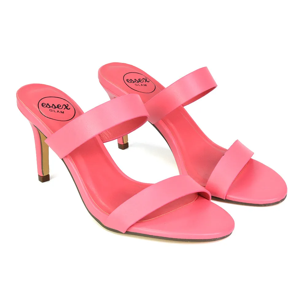 Wolf Round Toe Double Strap Stiletto High Heel Mule Sandals in Black