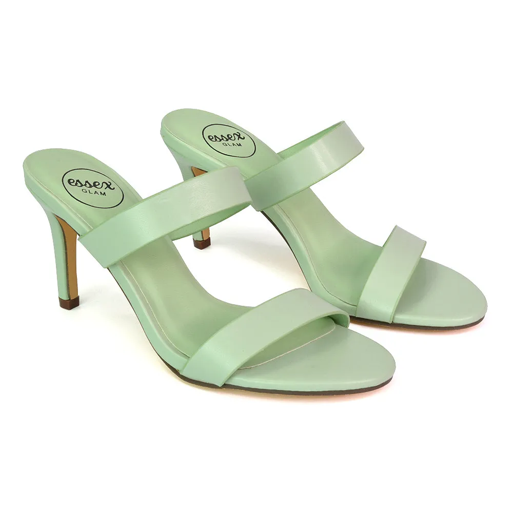 Wolf Round Toe Double Strap Stiletto High Heel Mule Sandals in Black